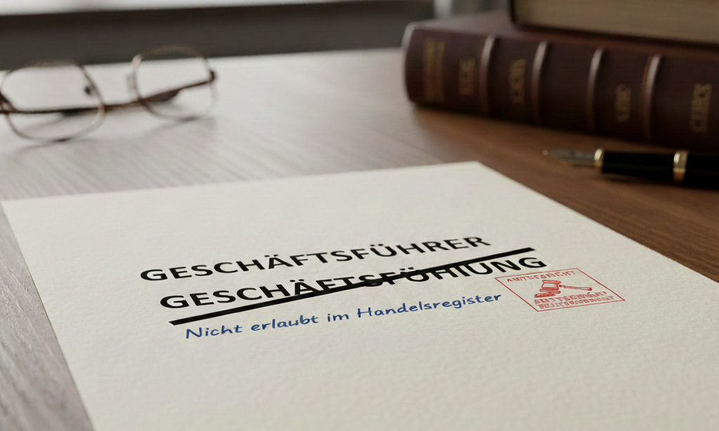 Geschäftsführer vs. Geschäftsführung: Dokument auf Schreibtisch, wobei 'Geschäftsführung' im Handelsregister als Begriff durchgestrichen ist.